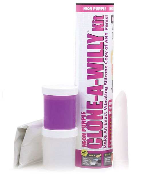Clone-A-Willy kit with neon purple product and packaging on a white background