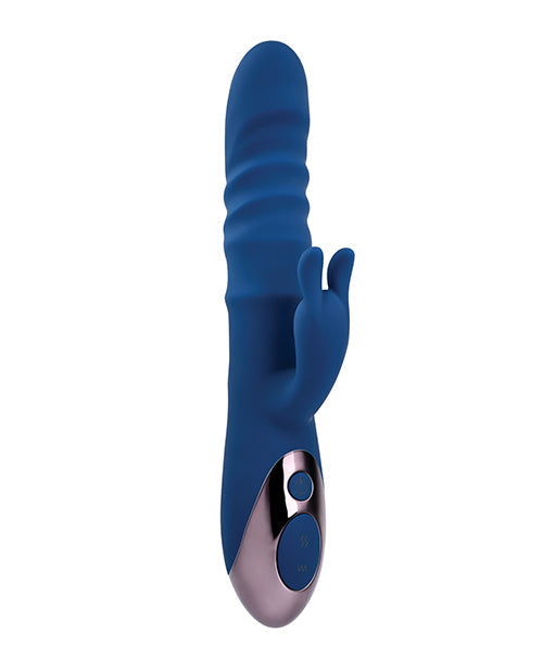 Blue silicone product with metallic end on a white background