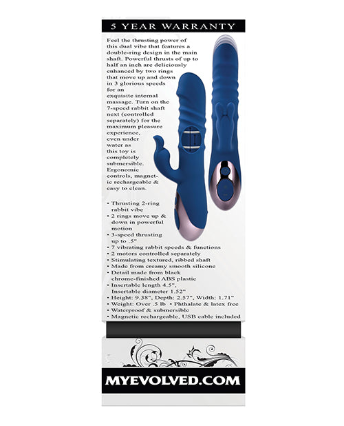 Blue rabbit-shaped toy with packaging details on a white background