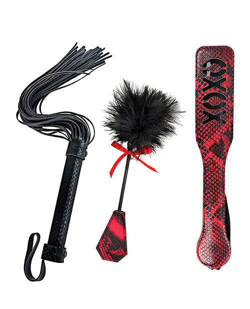Set of black and red leather items including a flogger, duster, and paddle on a white background