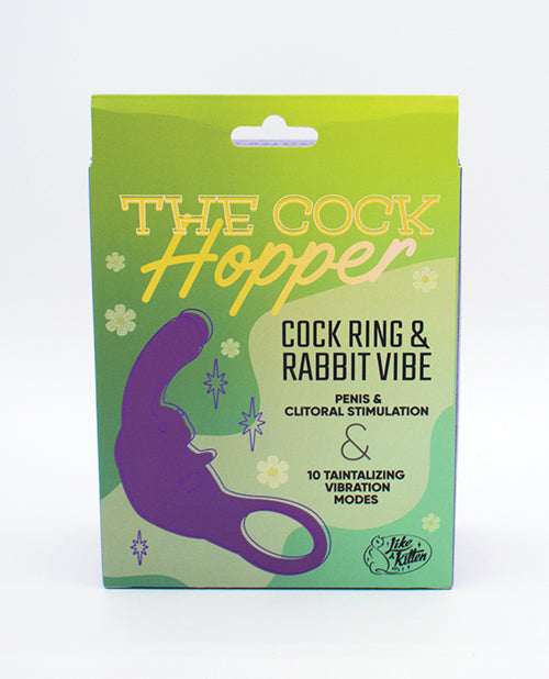 Packaging of 'The Cock Hopper' cock ring and rabbit vibe on a white background