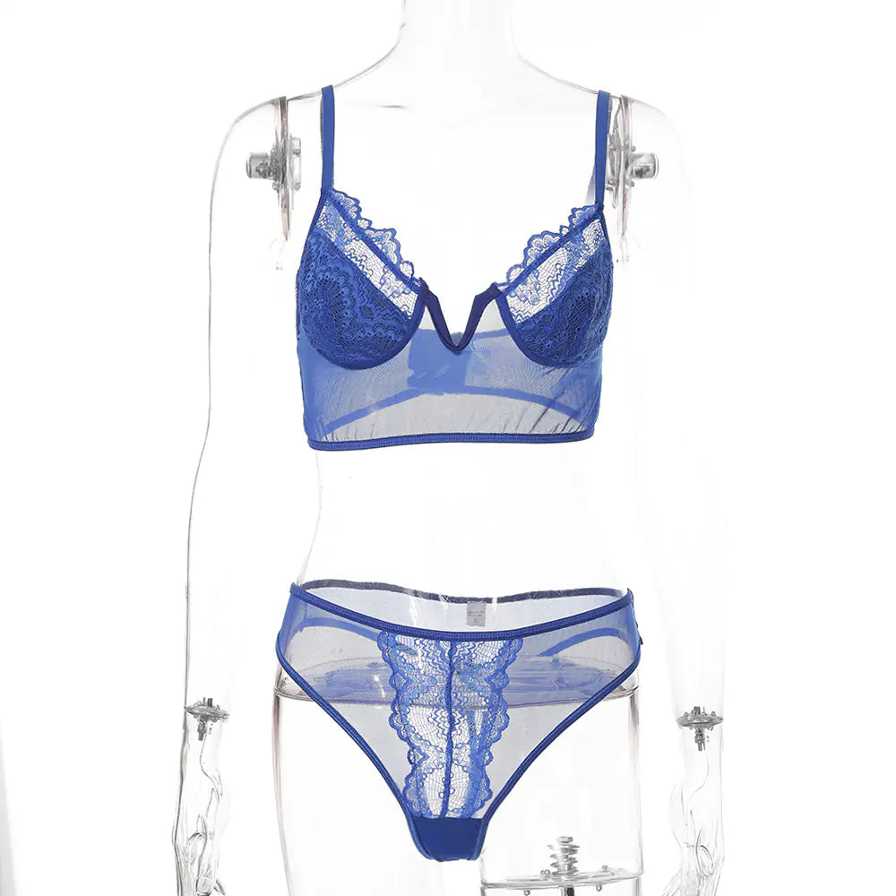 Deep V Lace Floral Lingerie Set