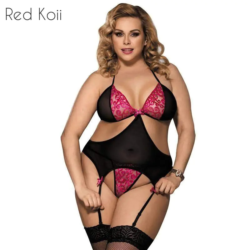 Model wearing a black and pink lingerie set with 'Red Koii' branding.
