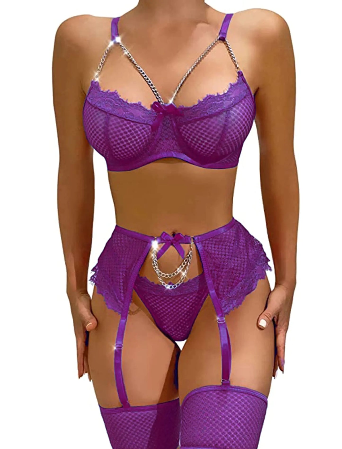 Avidlove Womens Lingeries Sexy Womens Exotic Lingerie Sets Lace Plus Size Chain Fishnet Strappy(PurpleL)