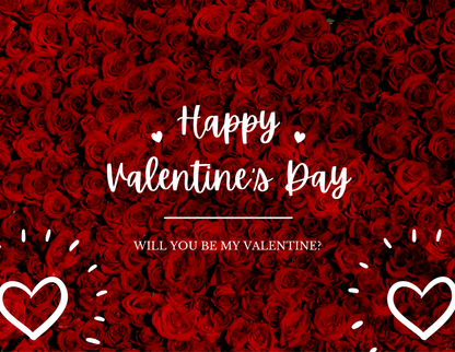 Valentine's Day card with red roses and 'Happy Valentine's Day' text.