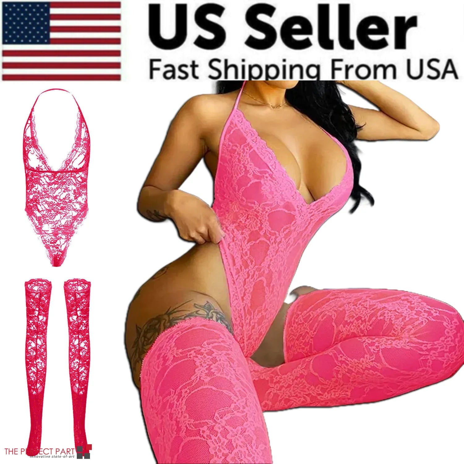 Pink lace lingerie set with stockings, US seller text, and American flag.