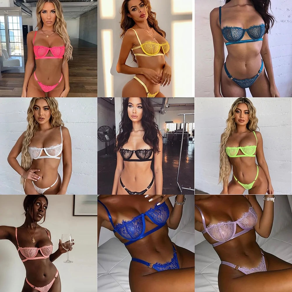 Grid of women wearing colorful lingerie in various settings.