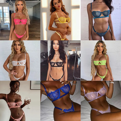 Grid of women wearing colorful lingerie in various settings.