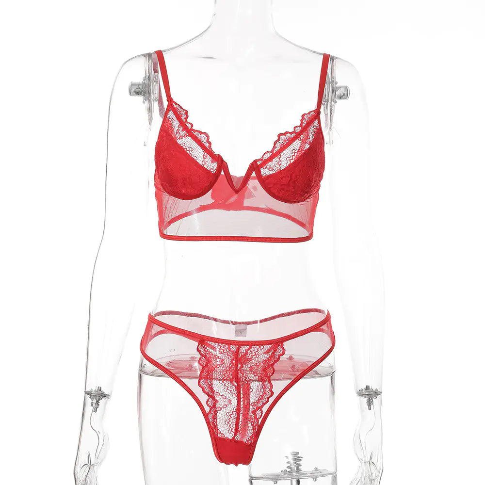 Deep V Lace Floral Lingerie Set