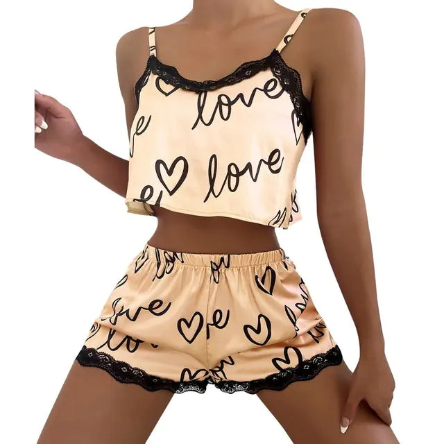 Two-Piece Set: Printed Shorts and Sexy Camisole Lingerie