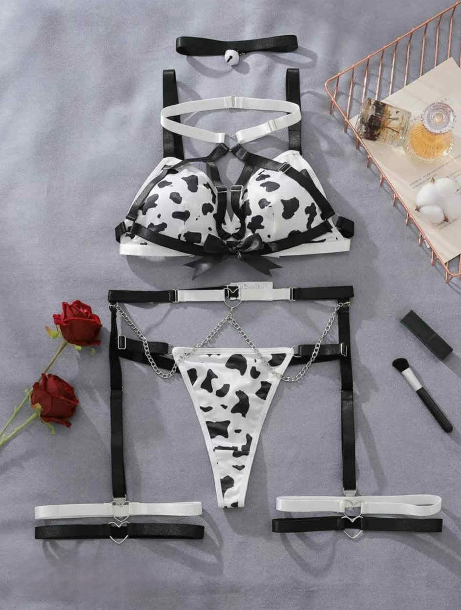 9 Piece Cow Print Hollow Out Strappy Lingerie Set with Garter Belt