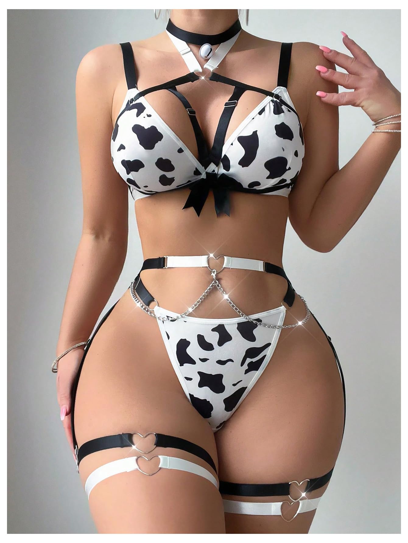 9 Piece Cow Print Hollow Out Strappy Lingerie Set with Garter Belt