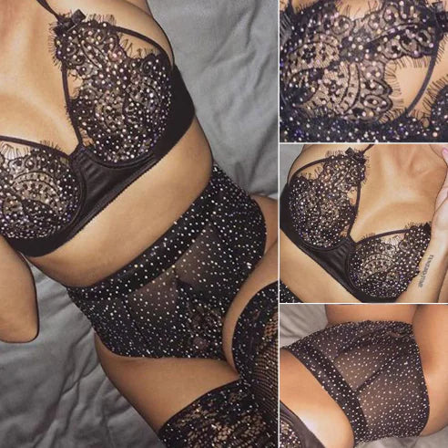 Lace and Mesh Rhinestone Lingerie Bikini Set