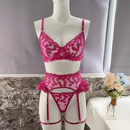 Love Heart Embroidered Lingerie Set