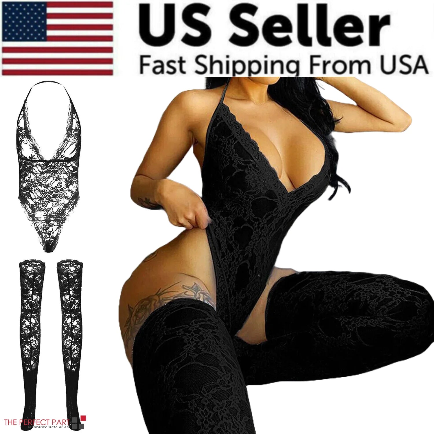 Black lace lingerie set with stockings on a white background, featuring 'US Seller' text and American flag.