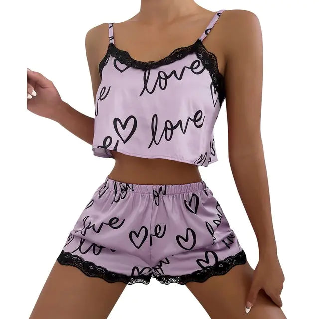 Two-Piece Set: Printed Shorts and Sexy Camisole Lingerie