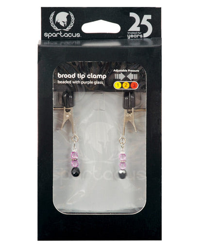 Spartacus broad tip clamp with purple glass beads in packaging