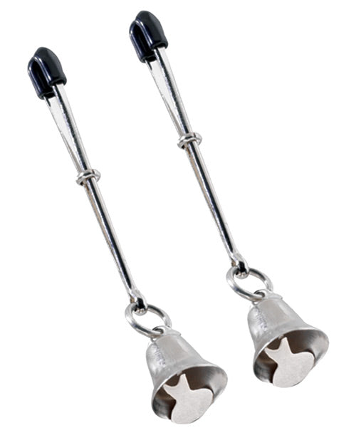 Two metal cowbells on handles with black ends on a white background