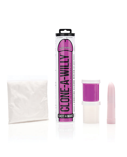 Clone-A-Willy product set with packaging, applicator, and sample on a white background