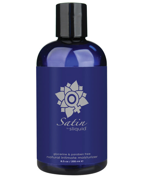 Blue bottle of Satin by Sliquid natural intimate moisturizer on a white background
