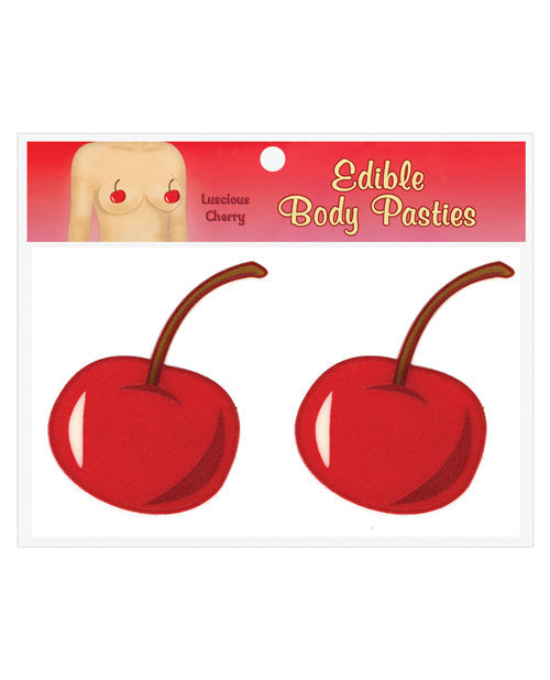 Edible body pasties shaped like cherries on a packaging with a red background.