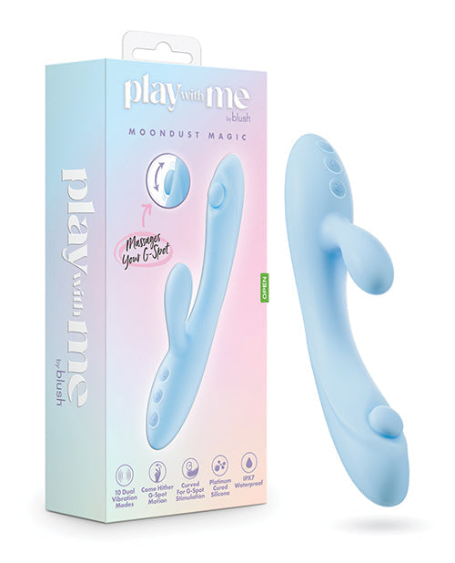 Blue silicone product with packaging labeled 'play with me' on a white background