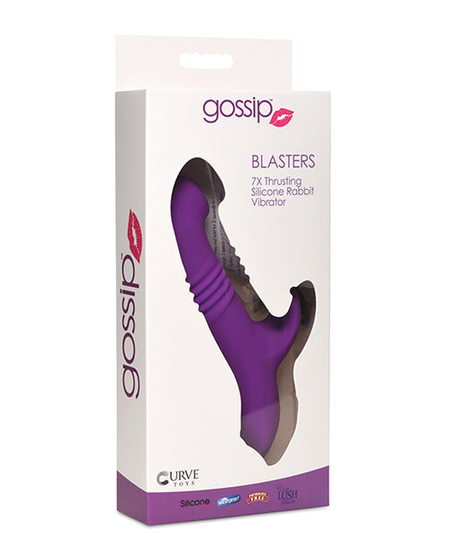 Purple silicone rabbit vibrator in Gossip Blasters packaging on a white background