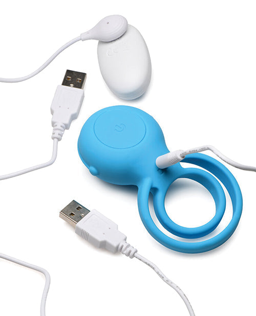 Blue USB cable organizer with white USB cables on a white background