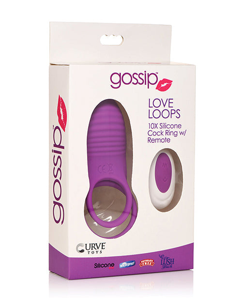 Gossip Curve Toys Love Loops packaging with purple silicone cock ring and remote on a white background
