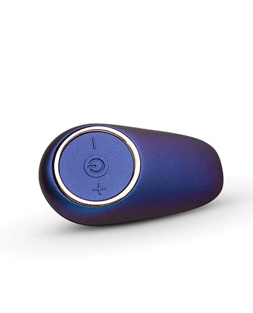 Blue electronic device with a circular button on a white background