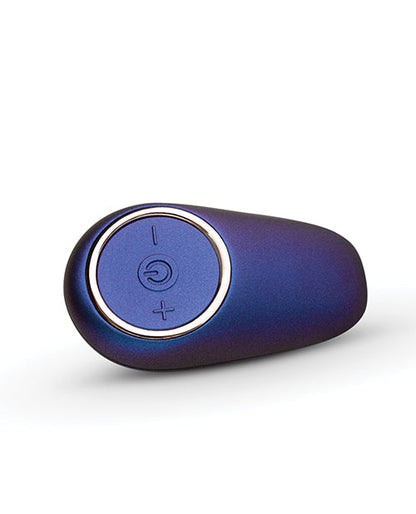 Blue electronic device with a circular button on a white background