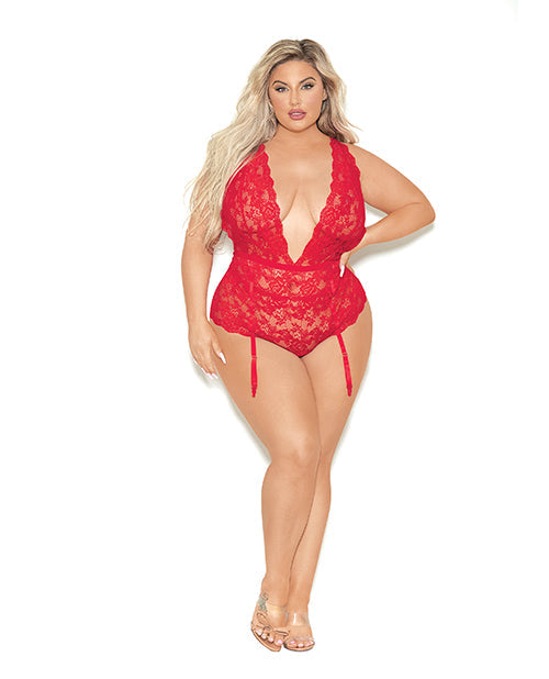 Woman wearing a red lace lingerie set on a white background