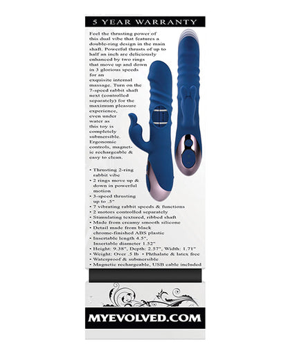 Blue rabbit-shaped toy with packaging details on a white background