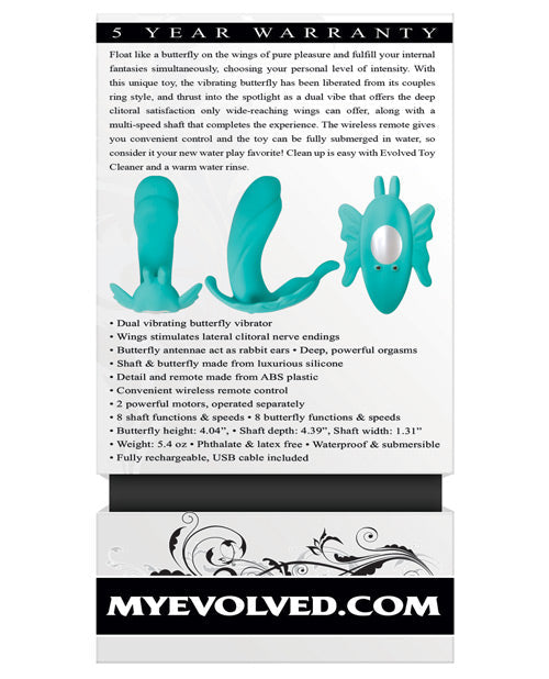 Product packaging with text and images of a butterfly-shaped toy, featuring 'MyEvolved.com' branding.