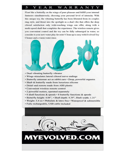 Product packaging with text and images of a butterfly-shaped toy, featuring 'MyEvolved.com' branding.