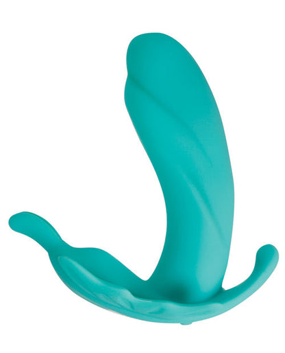 Turquoise plastic hook on a white background