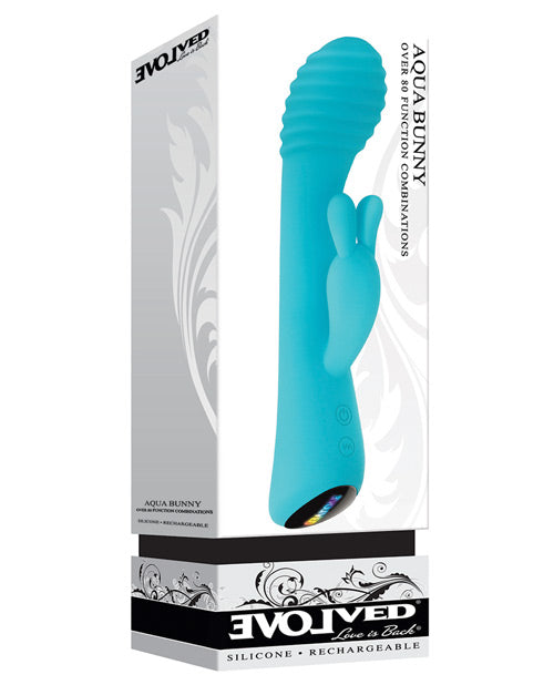 Blue silicone rabbit-shaped toy in packaging with 'Evolv' branding on a white background