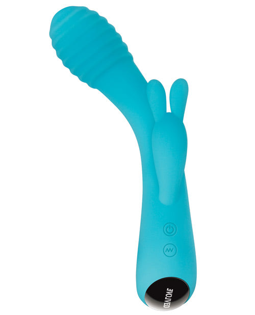 Turquoise silicone toy with control panel on a white background