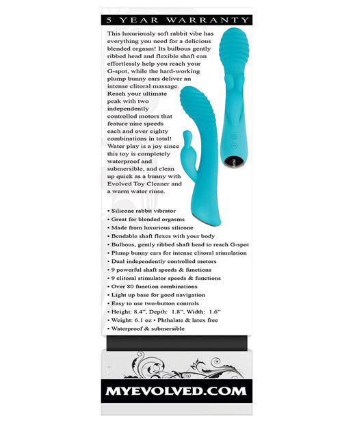 Blue silicone rabbit vibrator with product description and MyEvolved.com branding on a white background