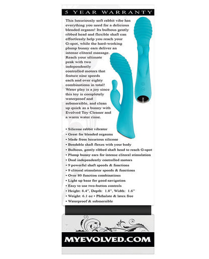 Blue silicone rabbit vibrator with product description and MyEvolved.com branding on a white background
