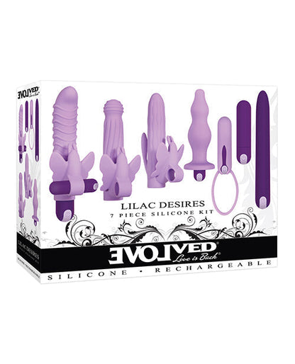 Box of 'Lilac Desires' 7-piece silicone kit by Evolved on a white background