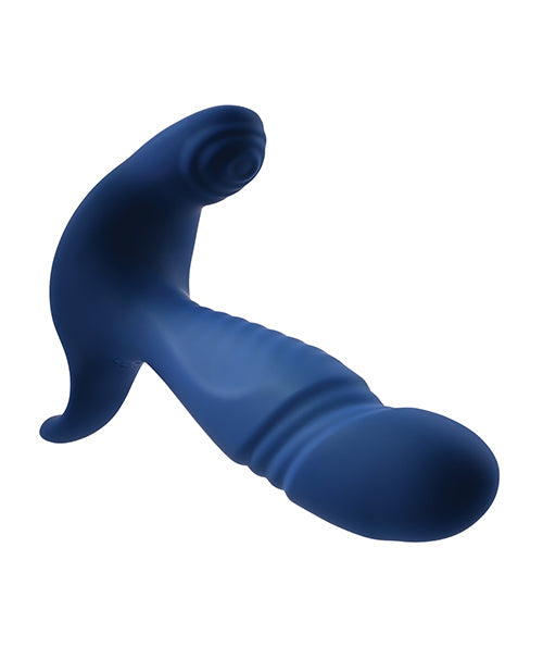 Blue silicone butt plug on a white background