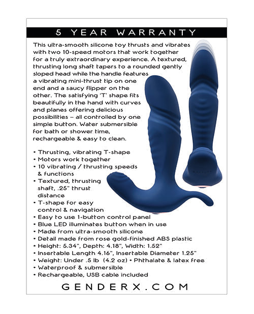 Blue silicone toy with text detailing features and warranty on a white background