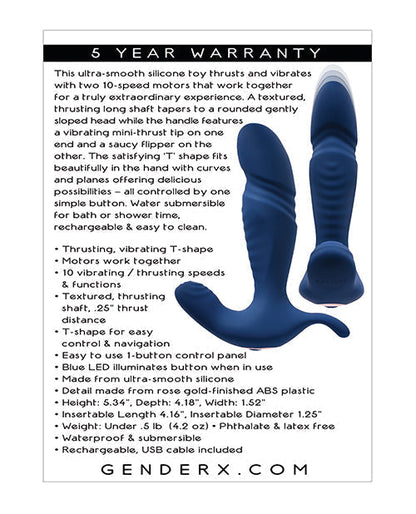 Blue silicone toy with text detailing features and warranty on a white background