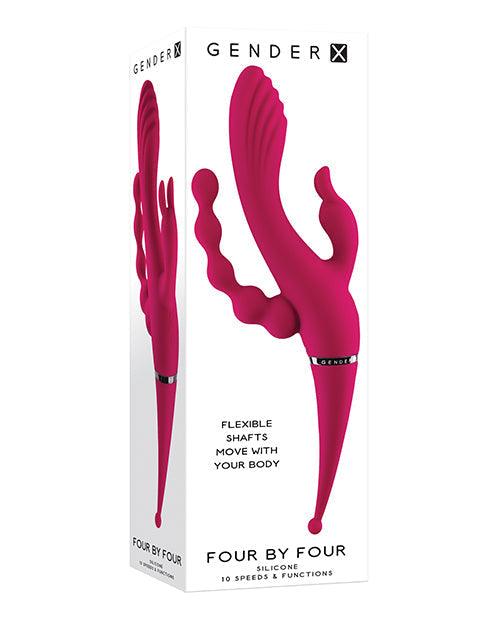 Product packaging for 'Four by Four' with pink flexible shafts on a white background, featuring the brand 'Gender X'.