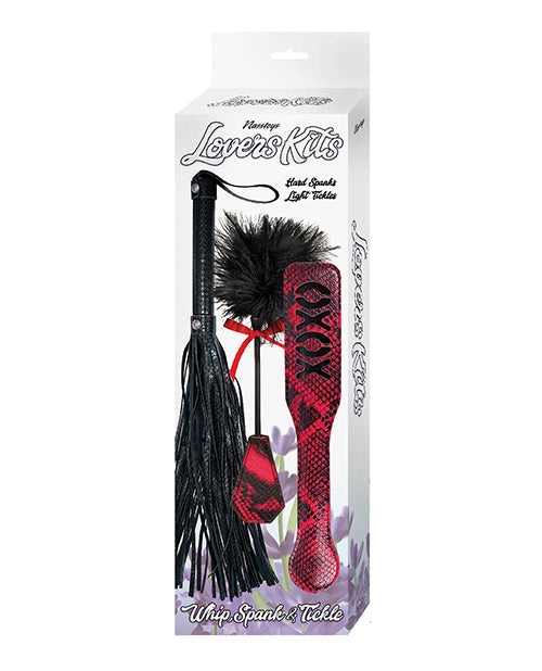 Packaged whip, spank, and tickle set with 'Lovers & Kits' branding on a white background.