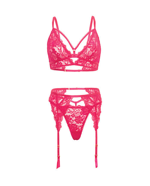 Pink lace lingerie set on a white background
