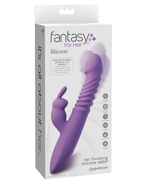 Purple silicone rabbit toy packaging with 'fantasy for Her' branding on a white background