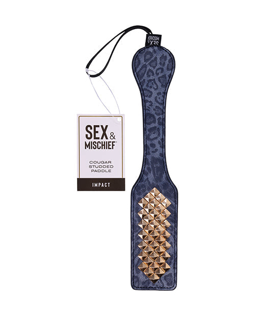 Cougar Studded Paddle with 'Sex & Mischief' packaging on a white background