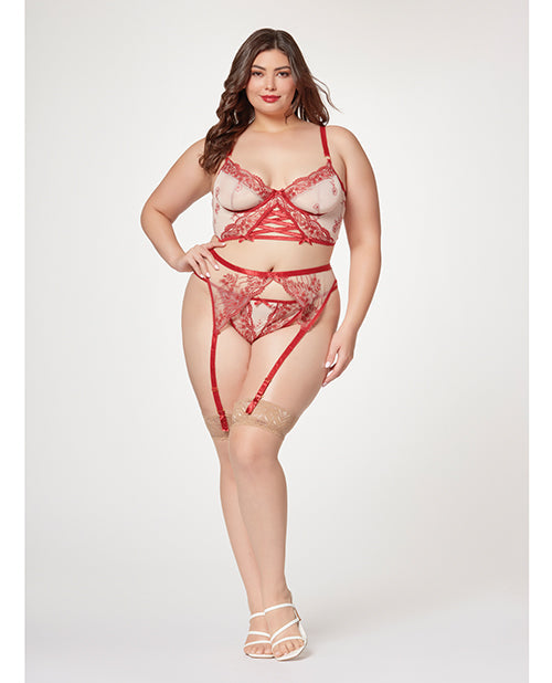 Woman wearing red lace lingerie on a white background
